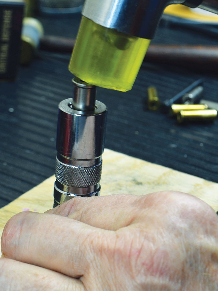 A mallet (or stick of hardwood) provides the muscle for all operations, including decapping, resizing, priming, bullet seating and crimping. Not the fastest, but it works very well.